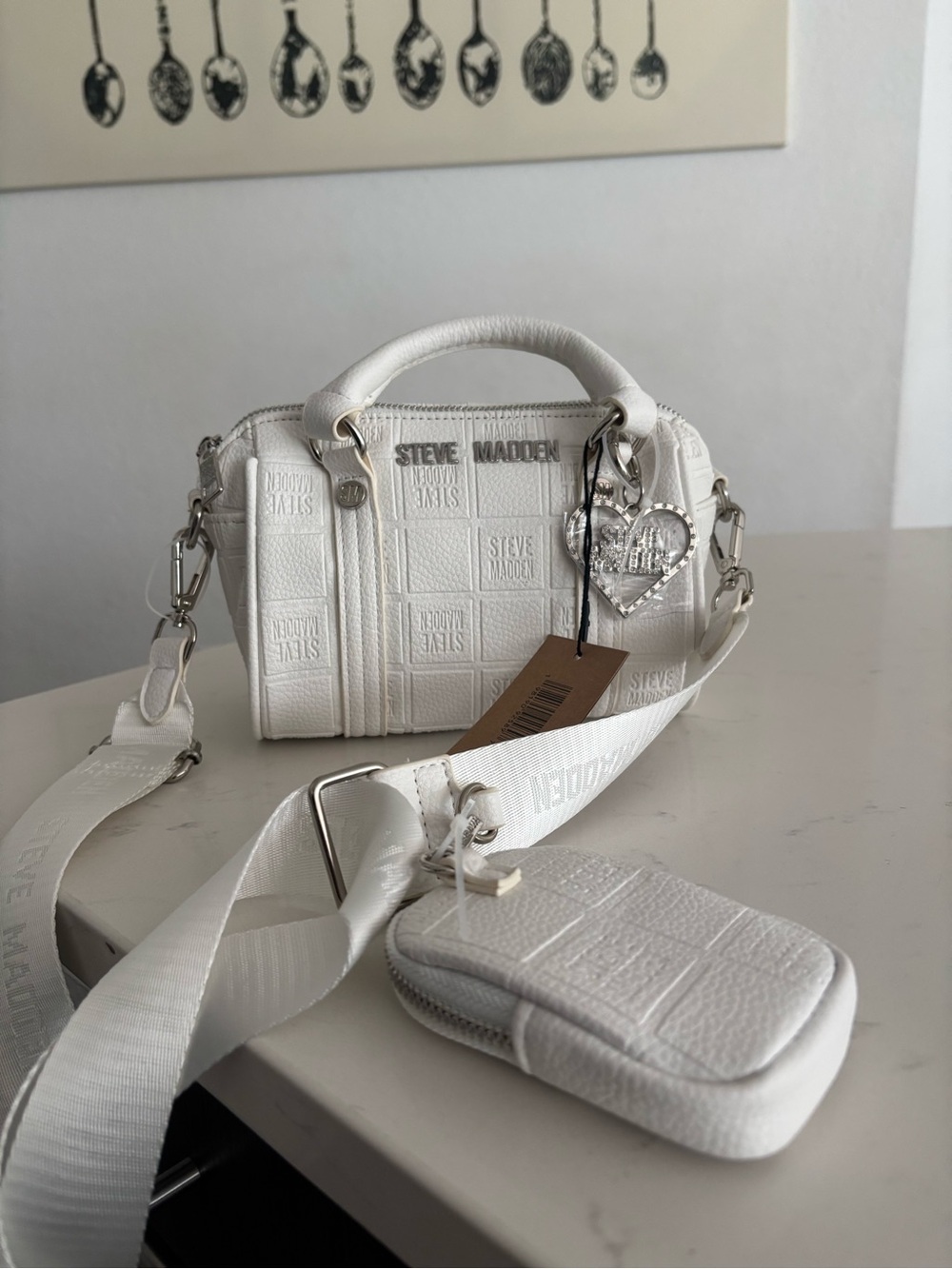 Steve Madden White Mini Satchel with Charm and Removable Strap